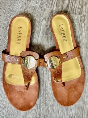 RALPH LAUREN Brown Leather Logo Thong Sandals with Gold Accents